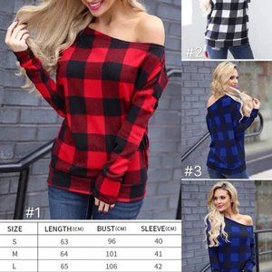 Red and Black plaid off the shoulder shirt